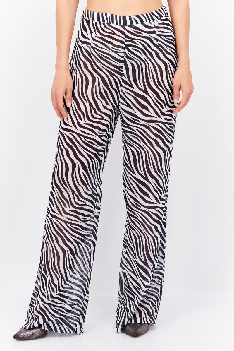 FEMME LUXE Women Wide Leg Animal Print Pants, White - Image 1