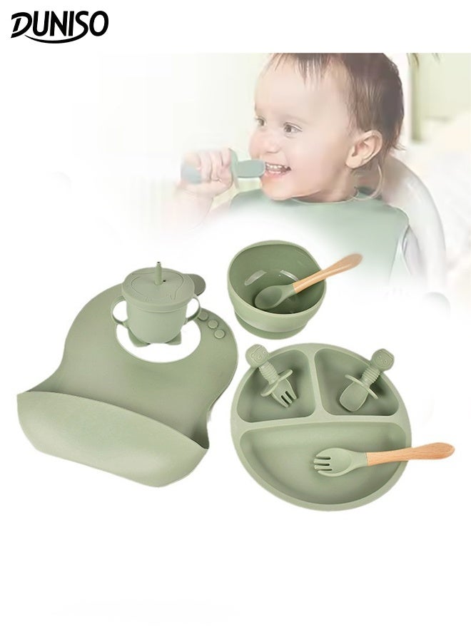 DUNISO 8Pcs Silicone Baby Feeding Set Baby Weaning Supplies Silicone Feeding Set Toddler Cup Divided Plate and Bowl Self Feeding Spoons Dish Set with Adjustable Bib Baby Spoons Forks Sippy Cup Toddler Utensil Set - Image 1