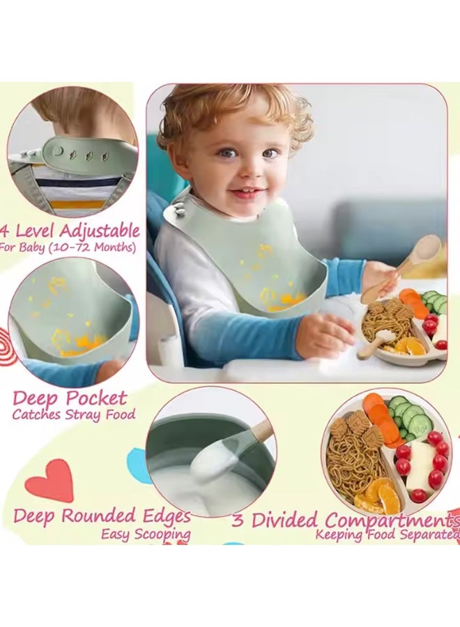 DUNISO 8Pcs Silicone Baby Feeding Set Baby Weaning Supplies Silicone Feeding Set Toddler Cup Divided Plate and Bowl Self Feeding Spoons Dish Set with Adjustable Bib Baby Spoons Forks Sippy Cup Toddler Utensil Set - Image 5