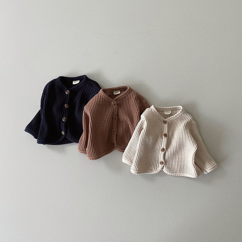 Kids Korean Cardigan Waffle Knit Sweater Lightweight Apricot  - Image 2
