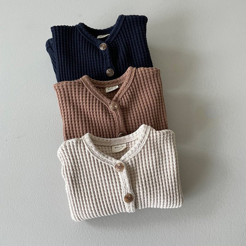 Kids Korean Cardigan Waffle Knit Sweater Lightweight Apricot  - Image 5
