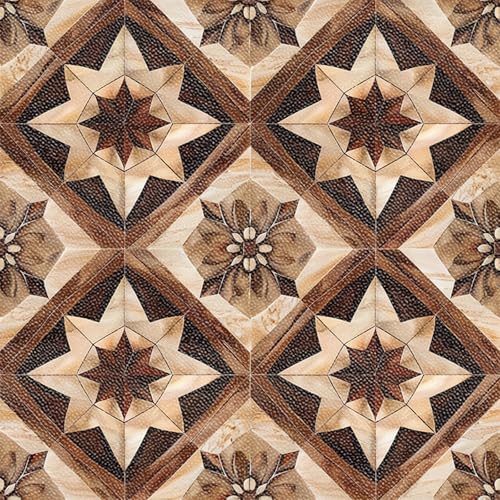 IVN 10 Piece Peel and Stick Floor Tile 12 X 12 Inch PVC Vinyl Flooring Removable No Sticky Residue Decal for Bathroom Kitchen Fireplace Stairs Brown Geometric Star Floral Pattern - Image 1
