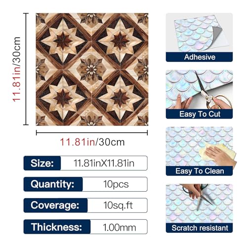 IVN 10 Piece Peel and Stick Floor Tile 12 X 12 Inch PVC Vinyl Flooring Removable No Sticky Residue Decal for Bathroom Kitchen Fireplace Stairs Brown Geometric Star Floral Pattern - Image 3