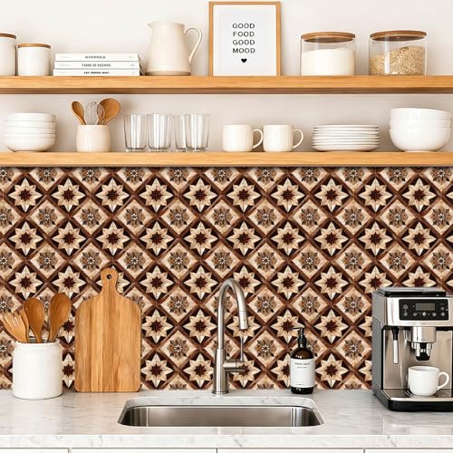 IVN 10 Piece Peel and Stick Floor Tile 12 X 12 Inch PVC Vinyl Flooring Removable No Sticky Residue Decal for Bathroom Kitchen Fireplace Stairs Brown Geometric Star Floral Pattern - Image 4