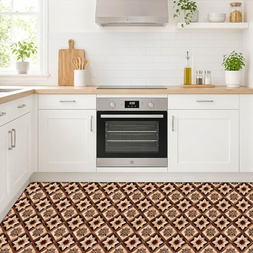 IVN 10 Piece Peel and Stick Floor Tile 12 X 12 Inch PVC Vinyl Flooring Removable No Sticky Residue Decal for Bathroom Kitchen Fireplace Stairs Brown Geometric Star Floral Pattern - Image 5