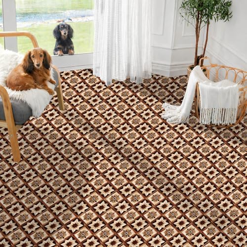 IVN 10 Piece Peel and Stick Floor Tile 12 X 12 Inch PVC Vinyl Flooring Removable No Sticky Residue Decal for Bathroom Kitchen Fireplace Stairs Brown Geometric Star Floral Pattern - Image 2