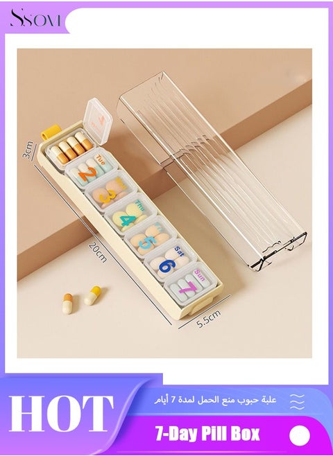Pill Box 7 Day Dispenser-Weekly Medicine Organizer with Portable Weekdays [7 Individual Storage Cells] Colour Coded Tablet Container 7 Day Pill Organizer Case，7 Day Portable Container (Cream)