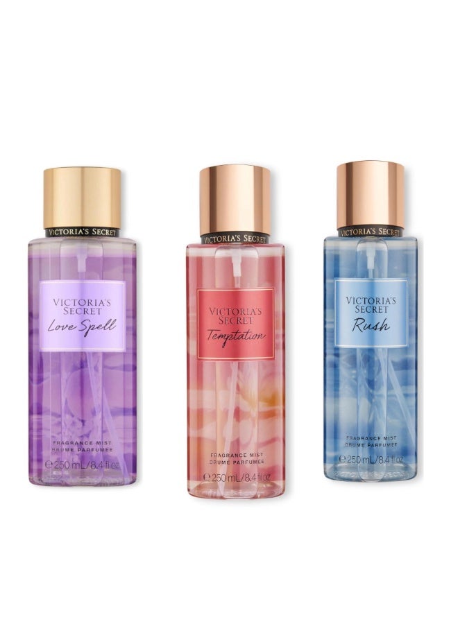 Pack of 3 Women’s Body Mist Set – Temptation, Love Spell & Rush – 250ml Each (Total 750ml) – Long Lasting Refreshing Fragrance Combo