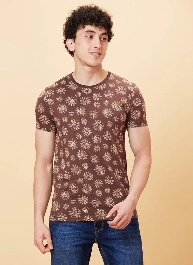 بيينغ هيومان Geometric Printed Cotton Round Neck Short Sleeves Pockets Casual T-shirt