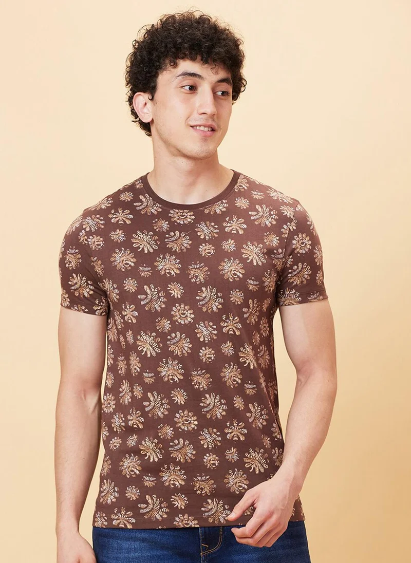 بيينغ هيومان Geometric Printed Cotton Round Neck Short Sleeves Pockets Casual T-shirt