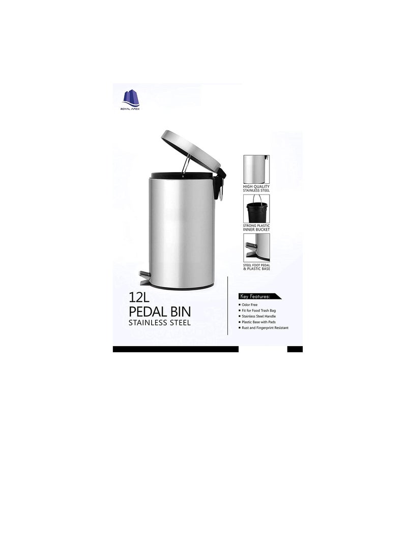 Generic 12-Liter Brushed Stainless Steel Finish Round Step Waste Bin with Soft Close Lid Durable Cantilever Foot Pedal Mechanism  - Image 3
