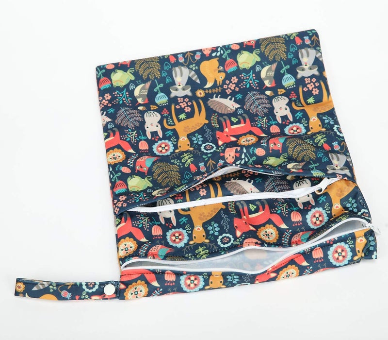 Sigzagor Wet Bag Baby Cloth Diaper Nappy Insert Reusable Washable With Two Zipper Pockets (Forest Animal Fox Owl) - Image 5
