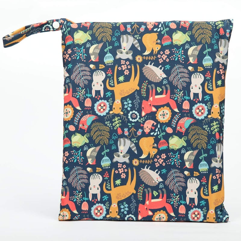 Sigzagor Wet Bag Baby Cloth Diaper Nappy Insert Reusable Washable With Two Zipper Pockets (Forest Animal Fox Owl) - Image 2