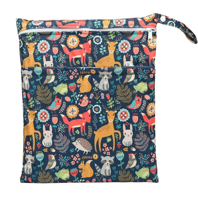 Sigzagor Wet Bag Baby Cloth Diaper Nappy Insert Reusable Washable With Two Zipper Pockets (Forest Animal Fox Owl) - Image 1