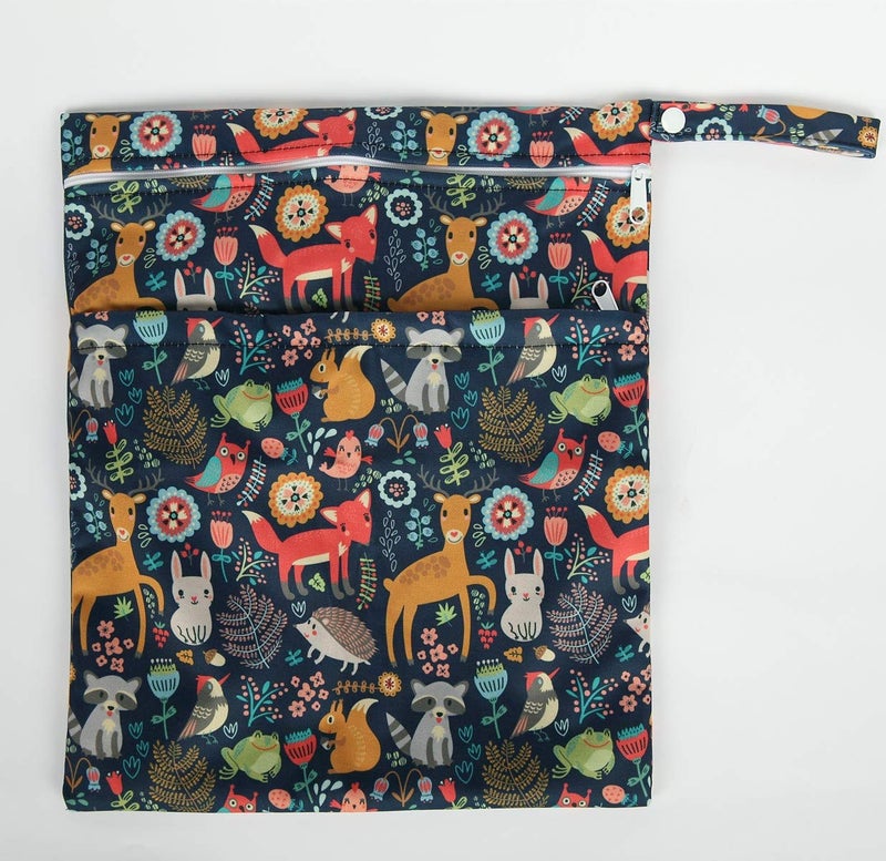 Sigzagor Wet Bag Baby Cloth Diaper Nappy Insert Reusable Washable With Two Zipper Pockets (Forest Animal Fox Owl) - Image 3