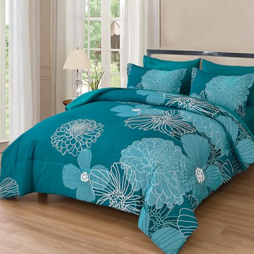 Yiran Queen Comforter Set Teal Bed in a Bag Floral Comforter Sets Soft Microfiber Boho Bedding Sets for All Season,7 Piece,90"×90" - Image 1