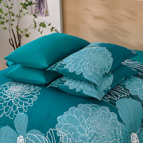 Yiran Queen Comforter Set Teal Bed in a Bag Floral Comforter Sets Soft Microfiber Boho Bedding Sets for All Season,7 Piece,90"×90" - Image 5