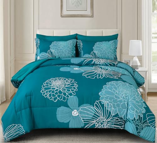 Yiran Queen Comforter Set Teal Bed in a Bag Floral Comforter Sets Soft Microfiber Boho Bedding Sets for All Season,7 Piece,90"×90" - Image 2