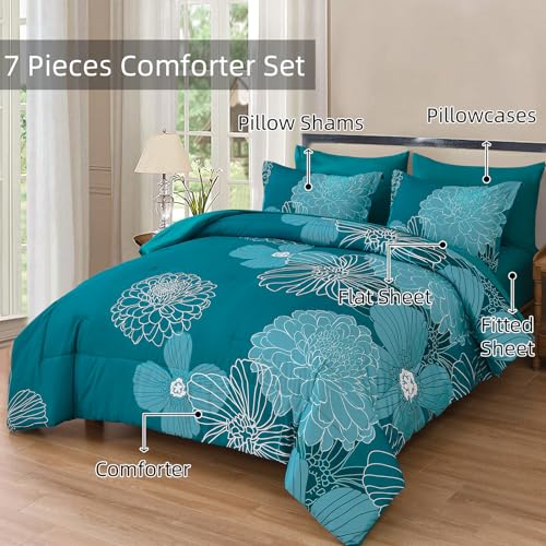Yiran Queen Comforter Set Teal Bed in a Bag Floral Comforter Sets Soft Microfiber Boho Bedding Sets for All Season,7 Piece,90"×90" - Image 3