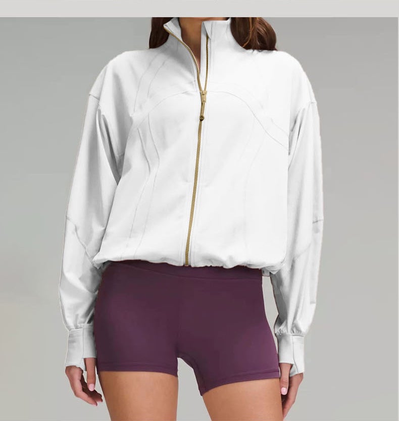 Generic Loose-Fit Fashionable Stand Collar Batwing Sleeve Top For Women Outdoor Yoga Running Windproof Jacket Sport Jacket Autumn Pure white 
