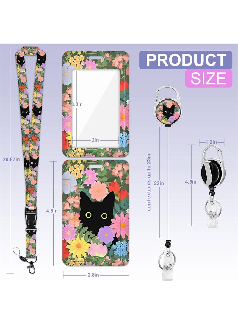 TFiOXL 1 Pack Cute Cat Hidden in The Flowers Badge ID Badge Holder Lanyard and Retractable Badge Reel Clip Cool Keychain for Women Men Girls for Keys ID Badges Nurse Neck School Lanyard ID Holder - Image 2