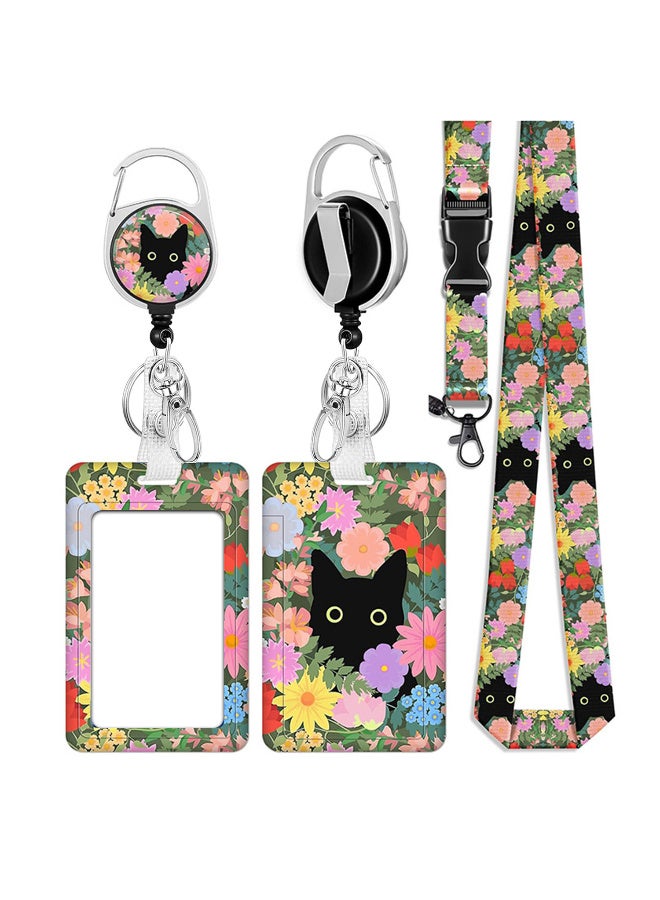 TFiOXL 1 Pack Cute Cat Hidden in The Flowers Badge ID Badge Holder Lanyard and Retractable Badge Reel Clip Cool Keychain for Women Men Girls for Keys ID Badges Nurse Neck School Lanyard ID Holder - Image 1