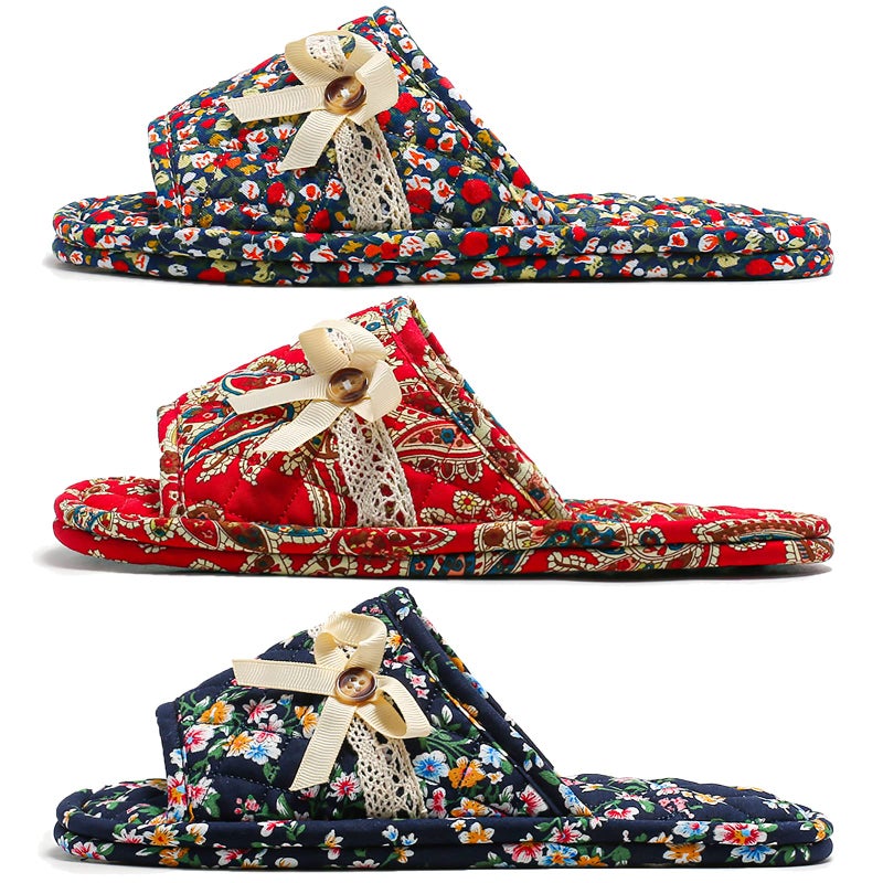 biroris 3 Pairs Floral Cotton House Slippers for Women, Open Toe Indoor Slippers Comfortable Washable Portable Foldable Guest Travel Hotel Airplane Spa Slippers - Image 3