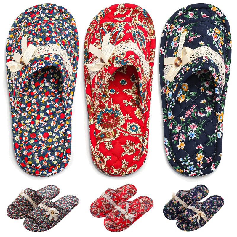biroris 3 Pairs Floral Cotton House Slippers for Women, Open Toe Indoor Slippers Comfortable Washable Portable Foldable Guest Travel Hotel Airplane Spa Slippers - Image 1
