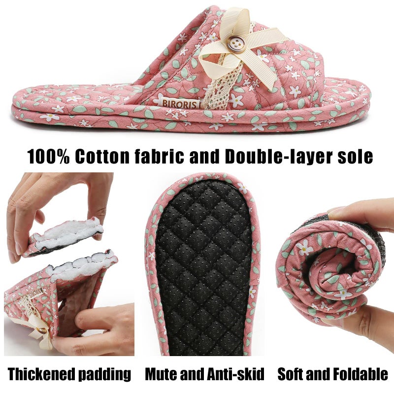 biroris 3 Pairs Floral Cotton House Slippers for Women, Open Toe Indoor Slippers Comfortable Washable Portable Foldable Guest Travel Hotel Airplane Spa Slippers - Image 4