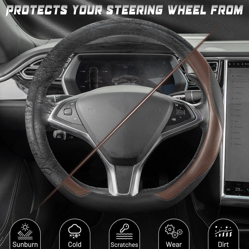 سيج دايركت غطاء عجلة قيادة SEG Direct على شكل حرف D، غطاء عجلة سيارة بقاع مسطح مقاس 14 1/2-15 بوصة (37-39 سم)، جلد ميكروفايبر باللونين الأسود والبني المخملي - Image 4