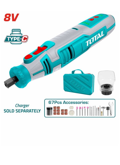 Total 8V Cordless Grinder Kit with Variable Speed – Includes 67 Accessories, Safety Guard & Canvas Bag – Ideal for Grinding, Cutting, Polishing & Engraving – USB-C Rechargeable (Model: TMGLI0801)