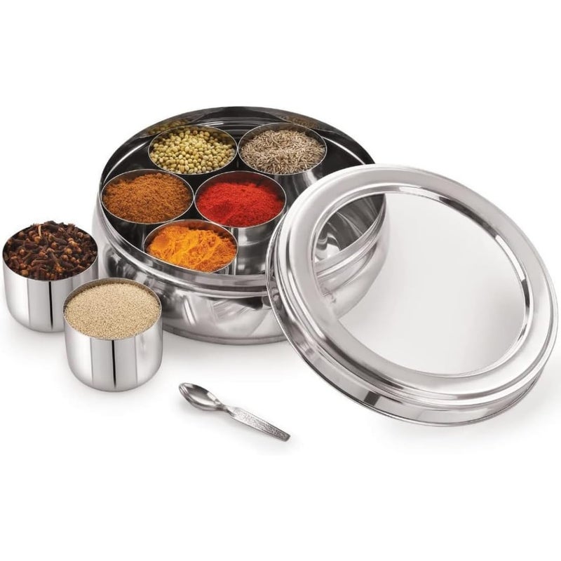 Avenure Masala Dabba Masala Container Spice Box Spice Containers for Kitchen Storage Masala Box Masala Box Steel Spices Container for Kitchen Spices Box | 1300 ML, Silver - Image 1
