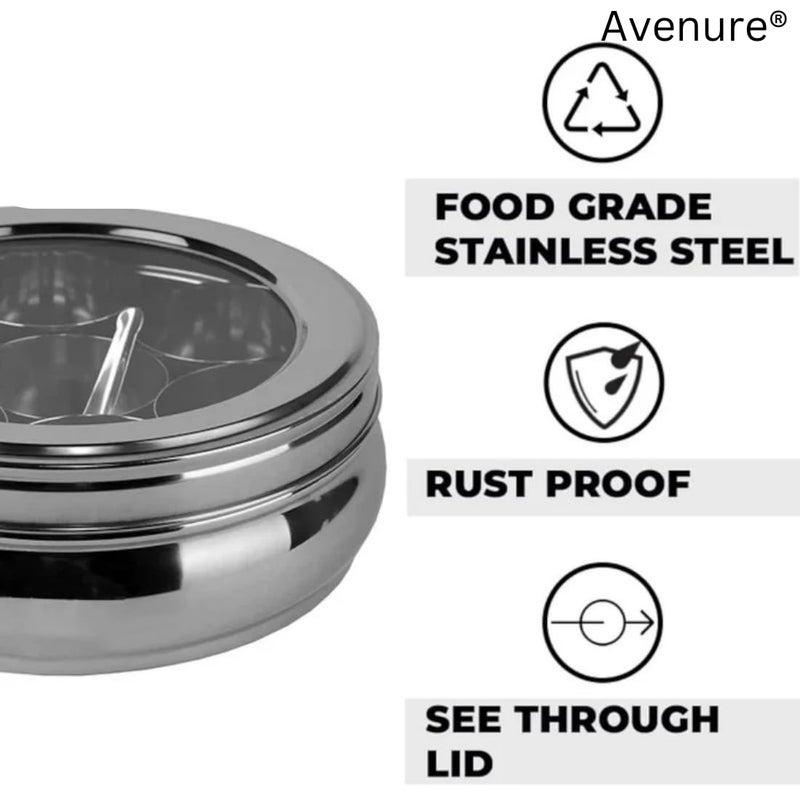 Avenure Masala Dabba Masala Container Spice Box Spice Containers for Kitchen Storage Masala Box Masala Box Steel Spices Container for Kitchen Spices Box | 1300 ML, Silver - Image 5
