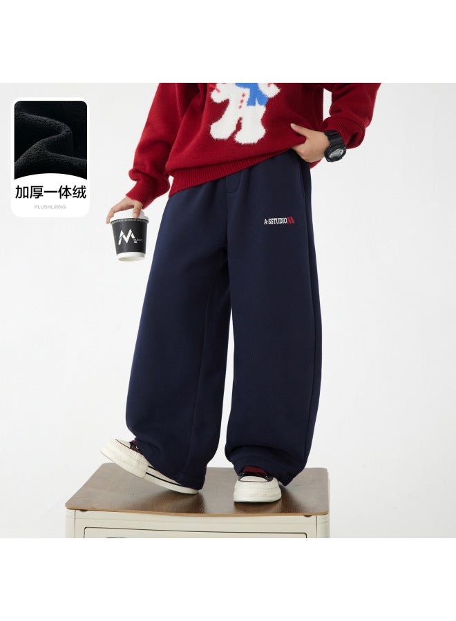 Boys' Autumn And Winter Color-block Fleece Curved Sweatpants  New Thickened Sports Wide-leg Straight Pants For Children