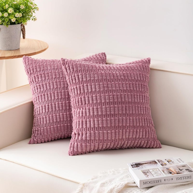 Aegero Pack of 2 Corduroy Decorative Throw Pillow Covers 18x18 InchSoft Boho Striped Pillow Covers Modern Farmhouse Home Decor for Sofa Living Room Couch Bed（Pink） - Image 1