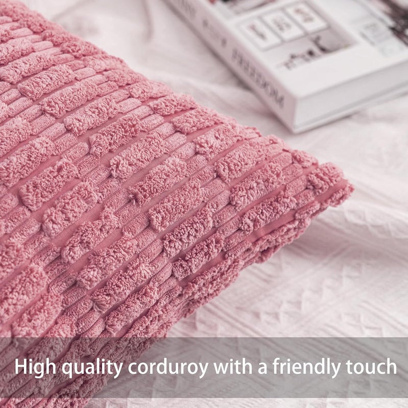 Aegero Pack of 2 Corduroy Decorative Throw Pillow Covers 18x18 InchSoft Boho Striped Pillow Covers Modern Farmhouse Home Decor for Sofa Living Room Couch Bed（Pink） - Image 2