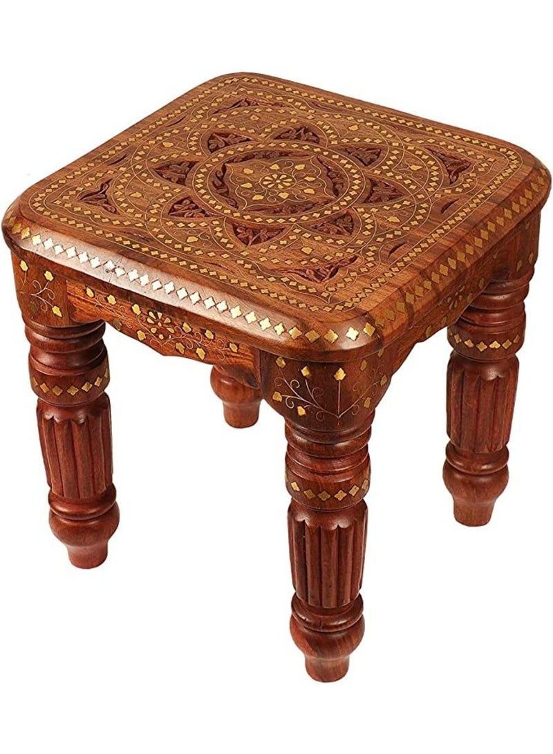 QUESERA Wooden Brass Carving Square Beautiful Carving Design Side Table Coffee Table Corner Table Outdoor Table Living Room - Image 1