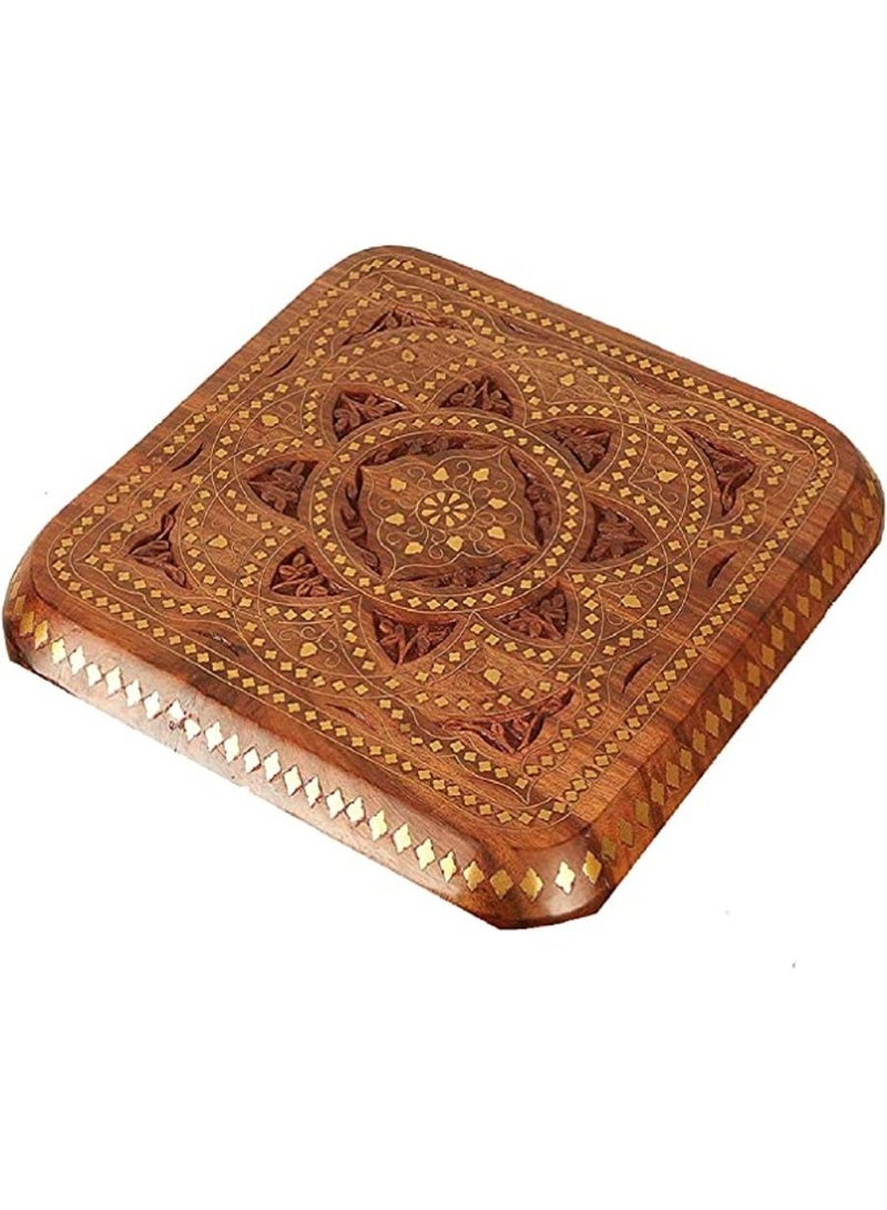 QUESERA Wooden Brass Carving Square Beautiful Carving Design Side Table Coffee Table Corner Table Outdoor Table Living Room - Image 2