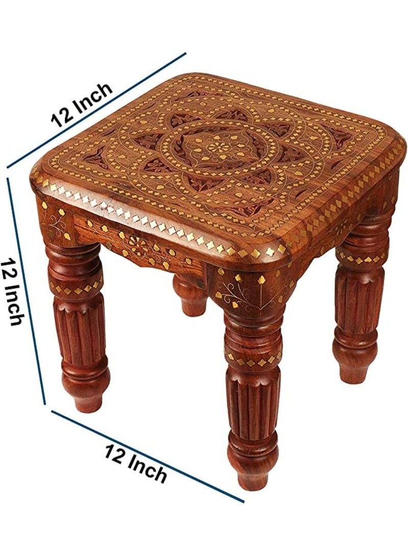 QUESERA Wooden Brass Carving Square Beautiful Carving Design Side Table Coffee Table Corner Table Outdoor Table Living Room - Image 3