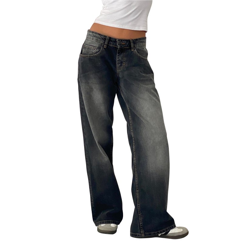 Women's American Retro Low-Rise Washed Straight-Leg Non-Stretch Jeans for Autumn Streetwear - Image 1