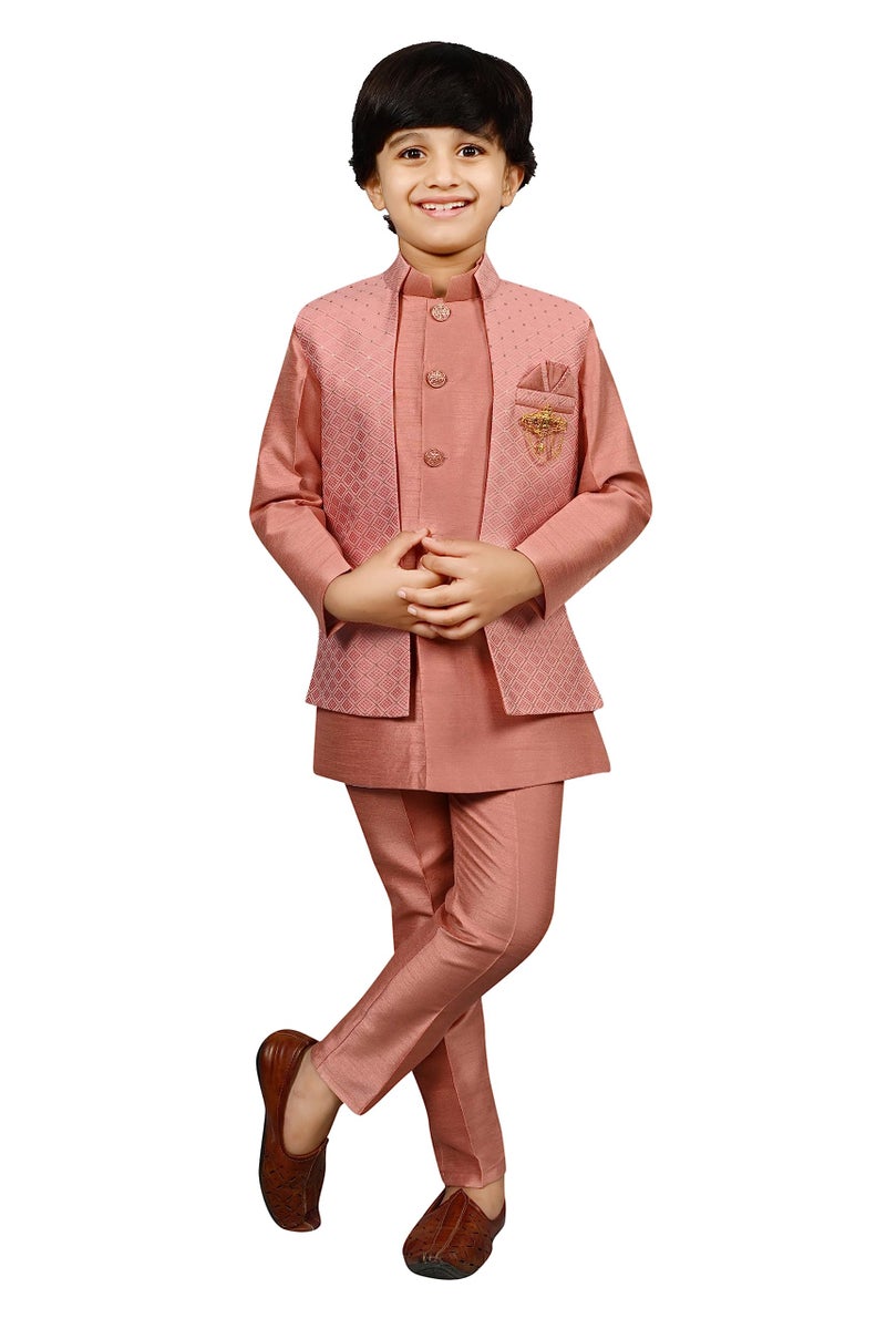 AHHAAAA Kids Ethnic Silk Indian Bollywood Style Jacquard Indo-Western Sherwani Set for Boys 521MF |Pink 2-3 Years, 521| - Image 1