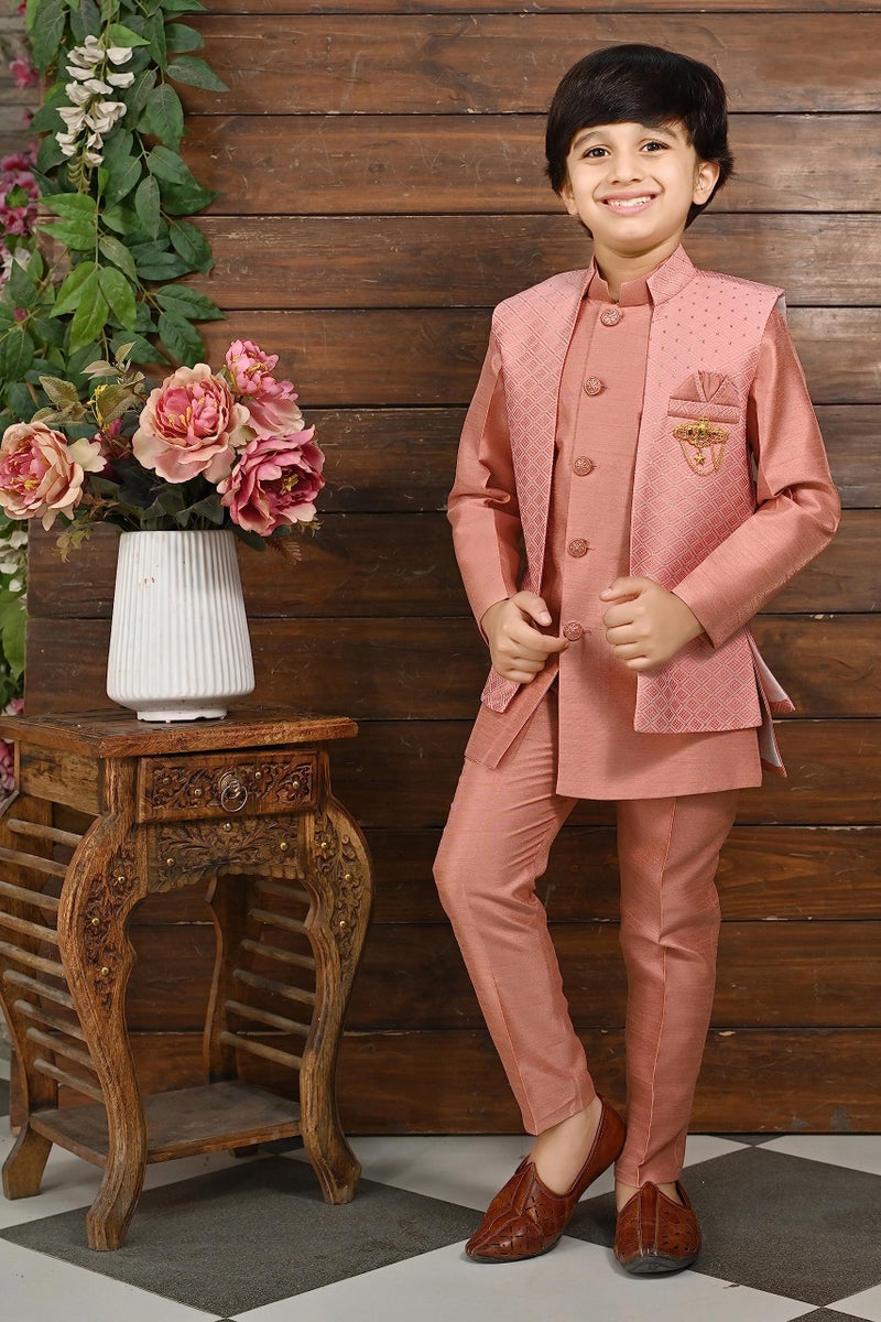 AHHAAAA Kids Ethnic Silk Indian Bollywood Style Jacquard Indo-Western Sherwani Set for Boys 521MF |Pink 2-3 Years, 521| - Image 2