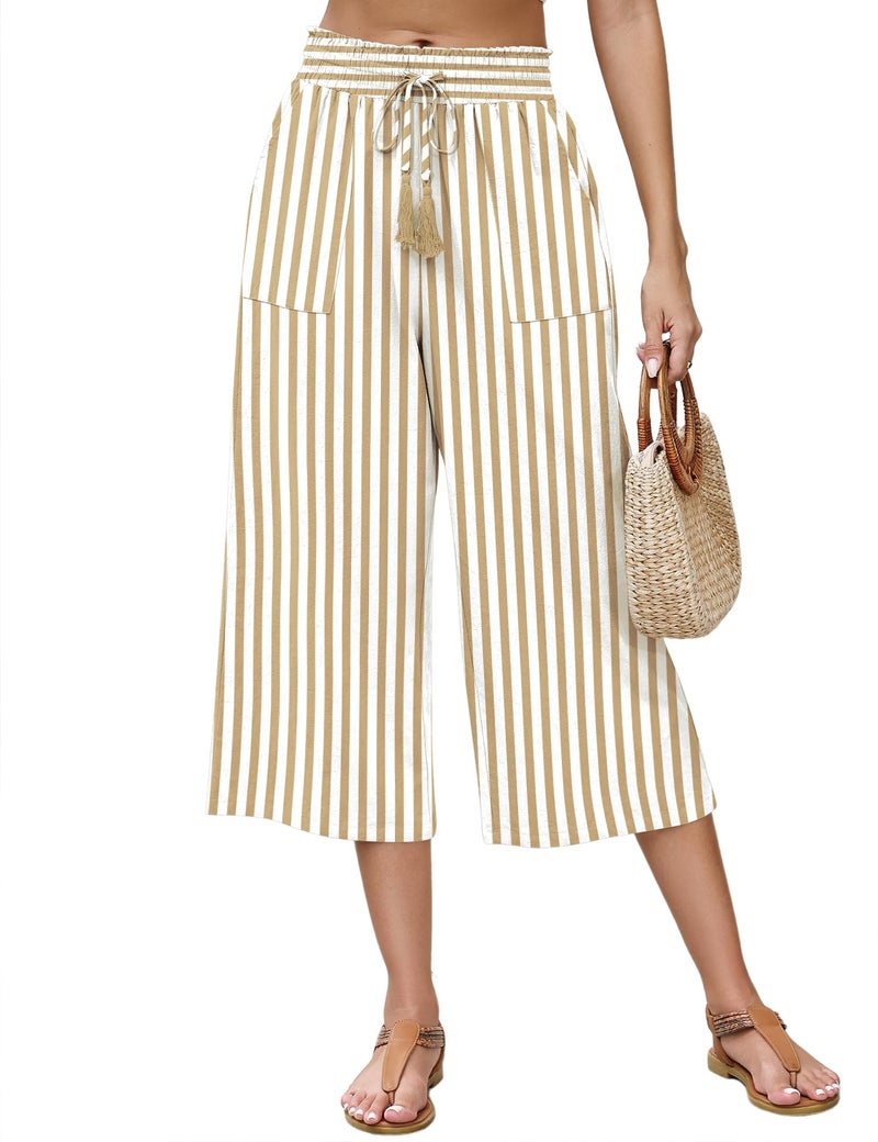 LOMON Womens Capri Pants Summer Vacation 2025 Fashion Outfits Clothes Loose High Waisted Wide Leg Lounge Pants Drawstring Baggy Flowy Casual Palazzo Trousers with Pockets Khaki Striped Large - Image 1