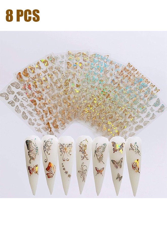 HY Butterfly Nail Art Stickers Decals Laser Stickers Nail Designs 3D Gold and Silver Color Butterflies Nail Art Adhesive Sticker Sheets Nail Foil Butterfly Nail Stickers for Nail Art Decoration(8 Sheets)  - Image 1