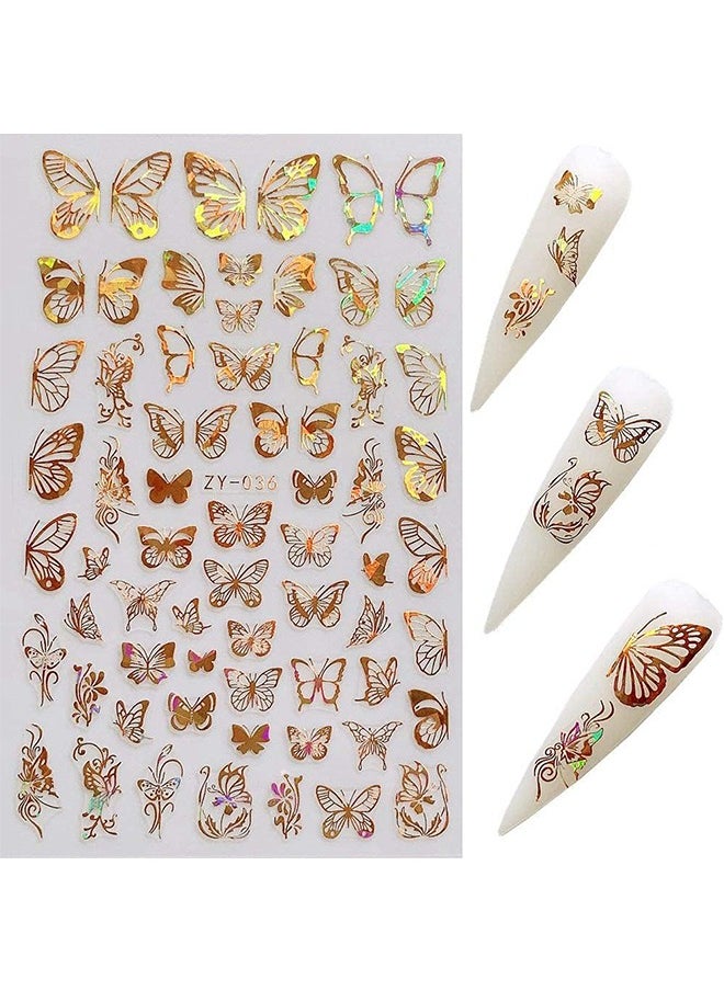 HY Butterfly Nail Art Stickers Decals Laser Stickers Nail Designs 3D Gold and Silver Color Butterflies Nail Art Adhesive Sticker Sheets Nail Foil Butterfly Nail Stickers for Nail Art Decoration(8 Sheets)  - Image 3