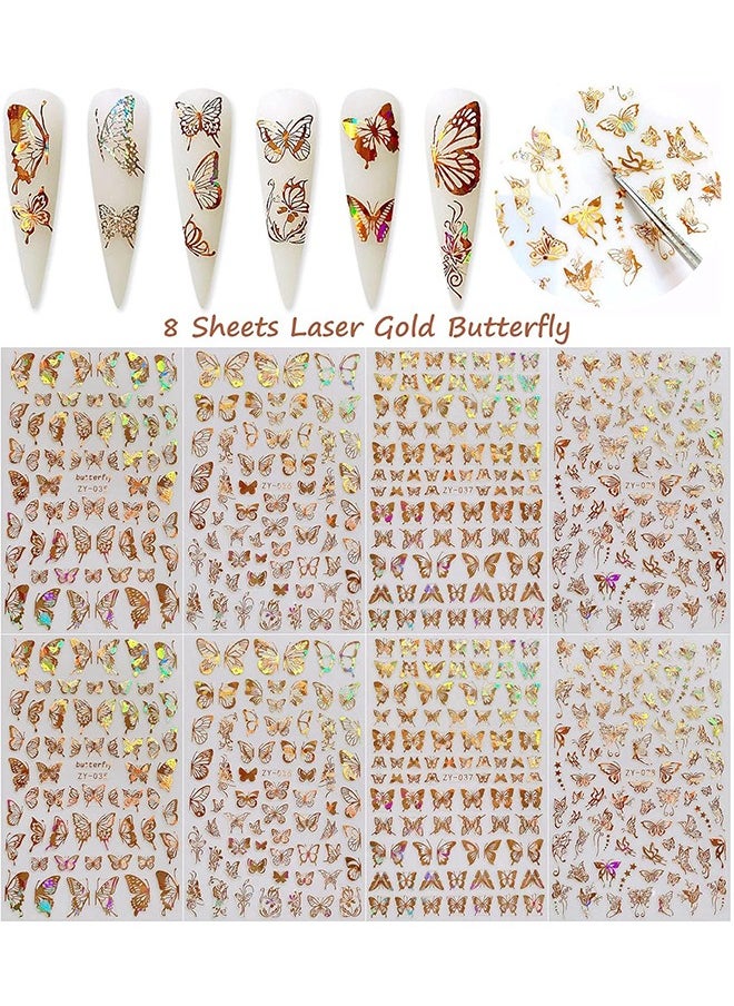HY Butterfly Nail Art Stickers Decals Laser Stickers Nail Designs 3D Gold and Silver Color Butterflies Nail Art Adhesive Sticker Sheets Nail Foil Butterfly Nail Stickers for Nail Art Decoration(8 Sheets)  - Image 2
