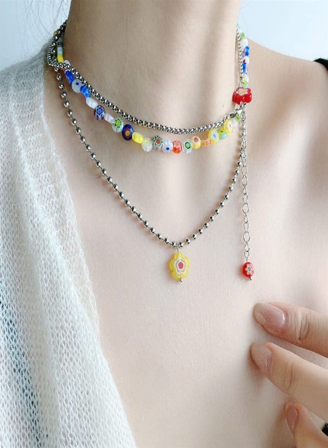 GulCean Daisy Flower Choker Necklace for Women Men 316 Titanium Steel Multilayer Layered Handmade Simple Trendy Boho Cute Pearl Colorful Beaded Necklace for Her Him - Image 5