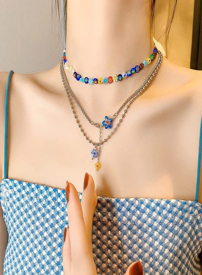 GulCean Daisy Flower Choker Necklace for Women Men 316 Titanium Steel Multilayer Layered Handmade Simple Trendy Boho Cute Pearl Colorful Beaded Necklace for Her Him - Image 2