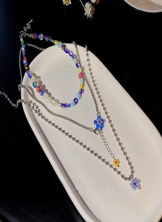 GulCean Daisy Flower Choker Necklace for Women Men 316 Titanium Steel Multilayer Layered Handmade Simple Trendy Boho Cute Pearl Colorful Beaded Necklace for Her Him - Image 3