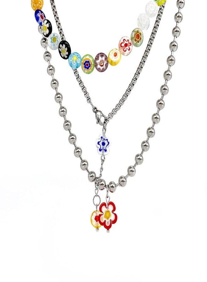 GulCean Daisy Flower Choker Necklace for Women Men 316 Titanium Steel Multilayer Layered Handmade Simple Trendy Boho Cute Pearl Colorful Beaded Necklace for Her Him - Image 1